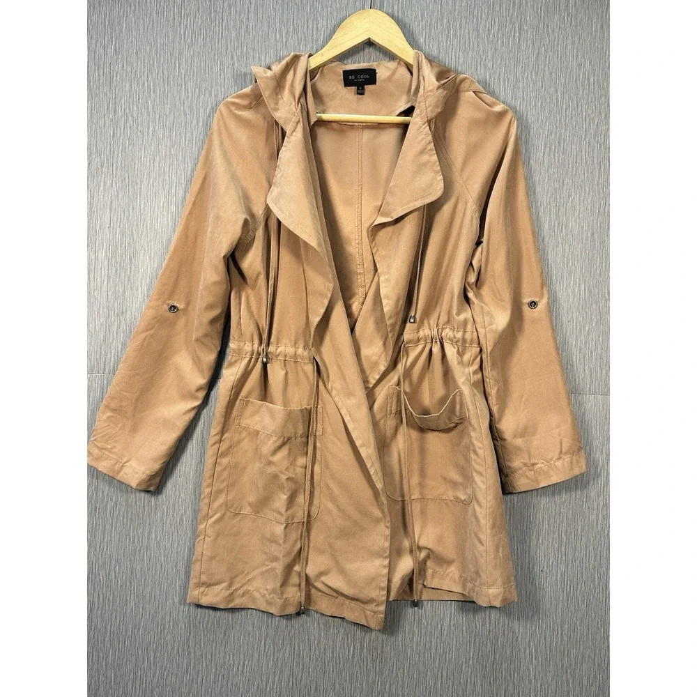 Be‎ Cool Utility Jacket Hood & Open Front Faux Suede Coat Adj Sleeves Size Small